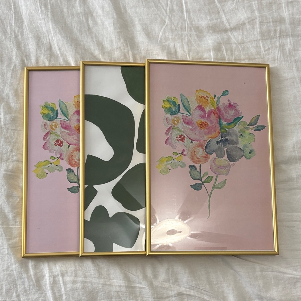 Set of 3 Floral & Green Abstract Gold Frames 11 x 17